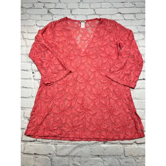 Serene Beach Pool Coverup V-neck Coral Pink Floral Mesh pullover Large A749 - Picture 5 of 5